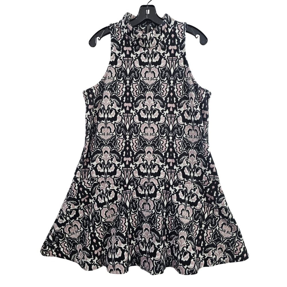 Free People Mock Neck Dress Womens Large Pink Black Paisley Knit Drop Waist Mini